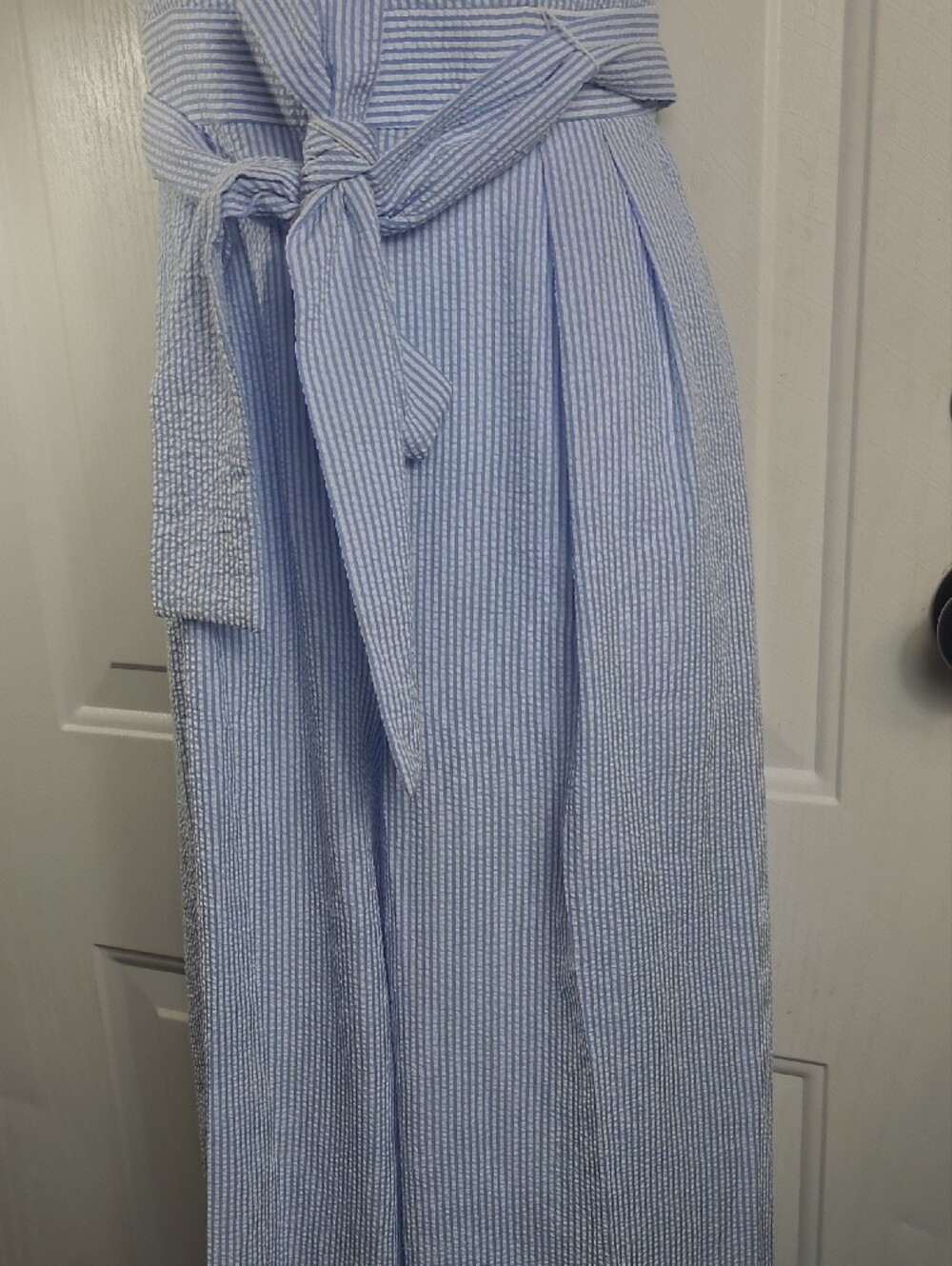 Eliza J Light Blue Ruffle-Strap Seersucker Jumpsuit with Waist Tie - Picture 5 of 15